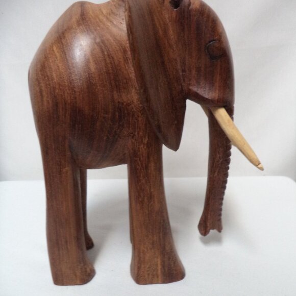 Elephant Wood Hand Carved Figurine Statue brown w/ Tusks Trunk 11" x 8.5" Decor - Picture 3 of 13